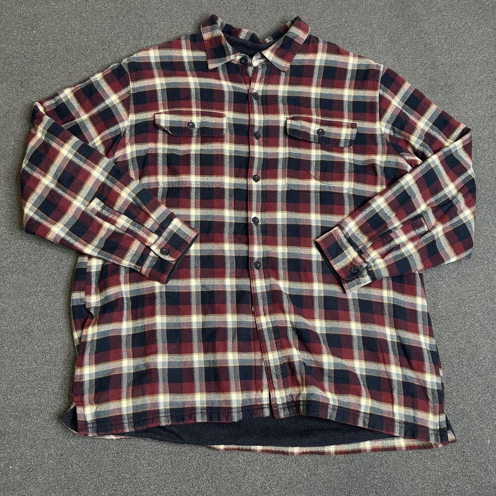 LL Bean Flannel Fleece Lined Shirt Mens XL Red Navy Plaid Button Up Casual